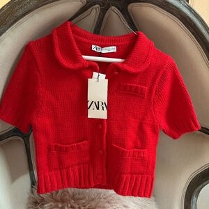 Zara Red Short Sleeve Knit Cardigan Sweater Peter Pan Collar Size Small XS S